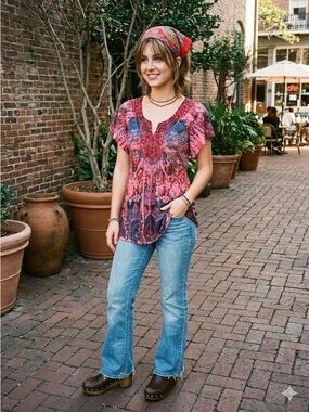 Covington Y2K 90s Boho Embellished Short Sleeve Blouse Small